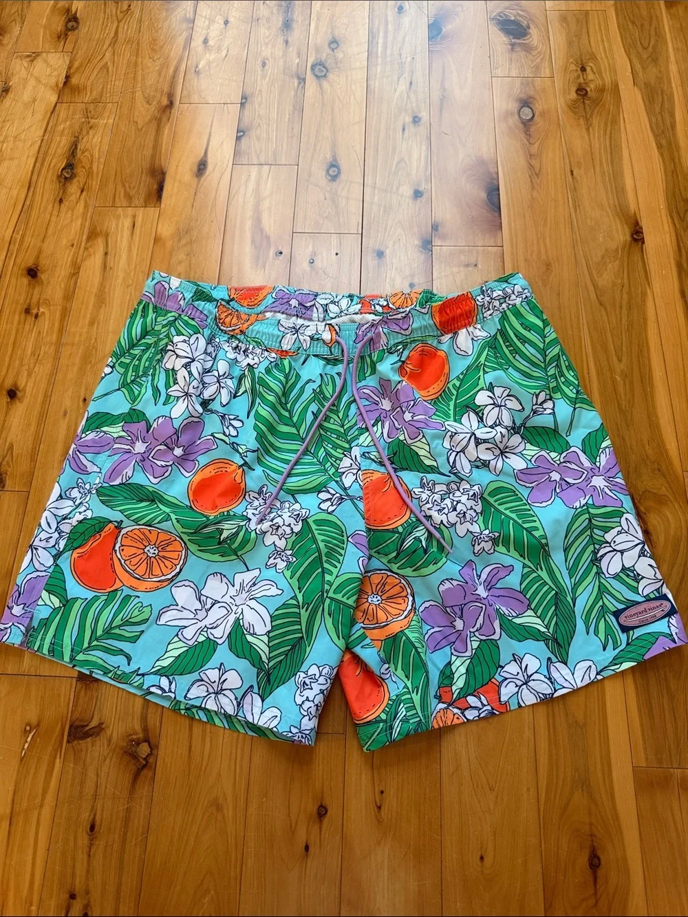 Vineyard Vines Aqua Floral Swim Trunks with Orange Fruit Print